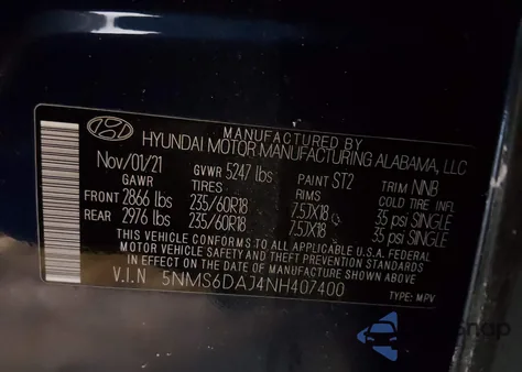 2022 Hyundai Santa Fe Xrt z USA, uszkodzony, nr VIN 5NMS6DAJ4NH407400